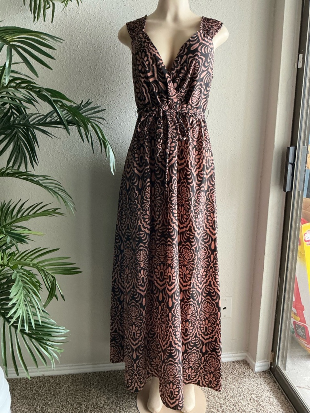 attention Black and Dusty Rose Floral Medallion Maxi Dress